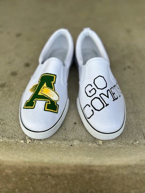 Custom Hand Painted School Spirit Shoes, custom sneakers, painted shoes, school mascot shoes, teacher sneakers, school spirit sneakers School Spirit Shoes, Teacher Sneakers, School Spirit Days, Shoes School, Painted Sneakers, Practice Wear, Spirit Shoes, Shoes Custom, Sneakers Athletic