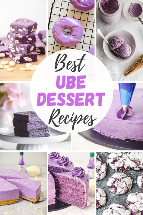 purple ube desserts including ube cake, ube cheesecake, ube brownies, ube ice-cream, ube mochi and ube cookies. Ube Filling Recipe, Ube Donut Recipe, Ube Halaya Recipe, Ube Desserts, Black Sesame Dessert, Ube Dessert Recipe, Ube Dessert, Ube Extract, Raspberry Recipes Dessert