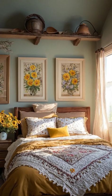 grandma core bedroom with cottage core vibe. sunflower wall arts, yellow and white crochet bedding. Grandma Cottage Bedroom, Cottage Core Themed Bedroom, Granny Chic Decor Vintage Homes Cottage Style, Grandmas Cottage Aesthetic, Grandmacore House Decor, Cottagecore House Interior Bedroom, Granny Style Decor, Grandmacore House Bedroom, Dorm Room Ideas Floral