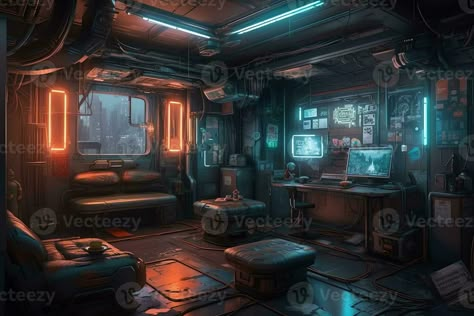 Futuristic guy room in cyberpunk dystopia concept art illustration. AI Generated Cyberpunk Hideout Concept Art, Cyberpunk Interior Concept Art, Robot Environment Concept Art, Futuristic Studio Apartment, Cyberpunk Interior Design Concept Art, Sci-fi Room, Dystopia Concept Art, Ripperdoc Cyberpunk, Cyberpunk Environment Concept Art