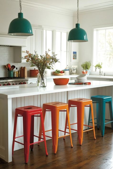 Make your white kitchen feel like home with these 20 ideas to add color and warmth. From rich hues to soft accents, these tips will give your kitchen the perfect touch of charm! Painted Island, Two Tone Kitchen Cabinets, White Kitchen Ideas, Colorful Dishes, Two Tone Kitchen, All White Kitchen, Kitchen Counter Decor, Colourful Tile, Colored Glassware