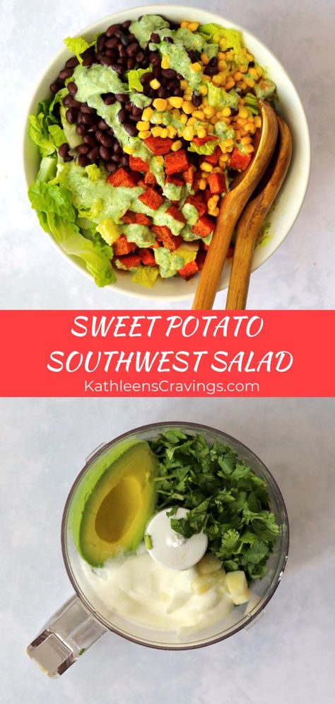 Sweet Potato Southwest Salad is plant-based, vegetarian, and tossed together with an easy Avocado Greek Yogurt Dressing. This salad is so simple but so good. You'll want to put the dressing on everything and the warm roasted sweet potatoes add a fun spin! Southwest Salad Recipe, Sweet Potato Salad Recipe, Southwest Recipes, Greek Yogurt Dressing, Southwest Salad, Pescetarian Recipes, Warm Salad, Yogurt Dressing, Salad With Sweet Potato