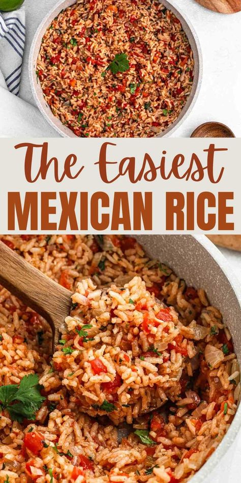 Simple Mexican Rice is the perfect side dish to serve with all of your Mexican Recipes. It is a tomato base rice that is easy to make with simple spices. We love making Mexican Food and we love to serve it with a side of rice. Adding in the authentic Mexican spices makes it taste even better. #eatingonadime #mexicanrice #easyrecipe Rotel Spanish Rice, Mexican Rice With Tomatoes, Mexican Rice Crockpot Recipes, Mexican Rice With Leftover Rice, Recipe For Mexican Rice, Rotel Mexican Rice, Spanish Rice With Instant Rice, Mexican Red Rice Recipe, Diy Mexican Rice