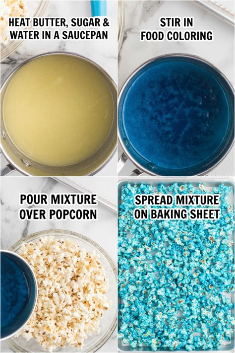 Candy Popcorn - Only 5 Ingredients Pink And Blue Popcorn, How To Color Popcorn, Candy Land Food Ideas, How To Make Blue Popcorn, Pink And Blue Food Ideas, Party Popcorn Ideas, How To Make Colored Popcorn, Colored Popcorn Recipe Easy, Blue Party Food Ideas