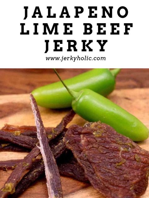 Jalapeno Lime Beef Jerky close up on a wooden board with whole jalapeños. Keto Beef Jerky Recipe Dehydrator, Jerkey Recipes Dehydrator, Beef Jerky Flavors, Dehydrator Beef Jerky Recipes, Dill Pickle Jerky Recipe, Beef Jerkey Marinades, Jalapeno Jerky Recipe, Smoked Beef Jerky Recipe, Jalapeno Beef Jerky Recipe