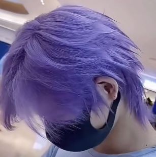 Pastel Purple Hair Men, Men’s Purple Hair, Purple Hair Guy Aesthetic, Light Purple Hair Men, Mens Purple Hair, Lavender Hair Men, Guy Purple Hair, Purple Wolfcut, Purple Hair Men