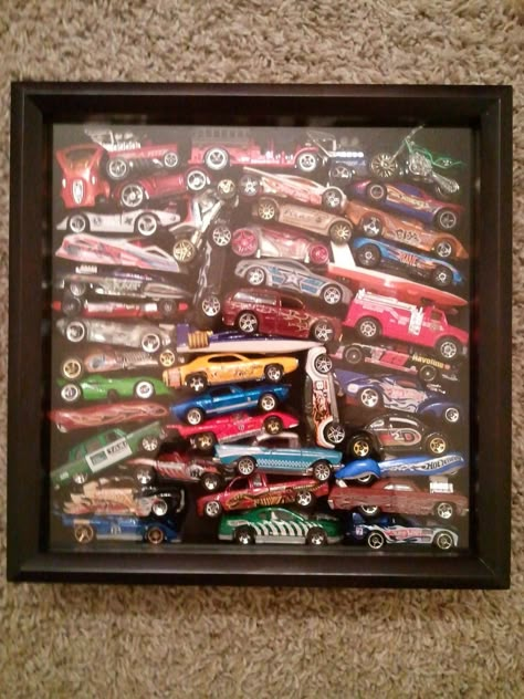 My son's toy cars collection in a shadow box.  He loved looking through his old cars and remembering his favorites! Big Boy Room, Wood Display, Toy Cars, Album Design, Shadow Boxes, Memory Box, Kids' Room, Boy's Room, Boy Room