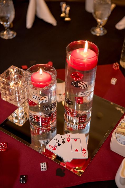 Casino Party Centerpieces Diy, Las Vegas Party Centerpieces, Vegas Gala Theme, Casino Night Christmas Party, Vegas Theme Party Centerpieces, Monte Carlo Centerpieces, Casino Theme Party Centerpieces Table Decorations, Game Night Party Decor, Casino Christmas Party Centerpiece Ideas