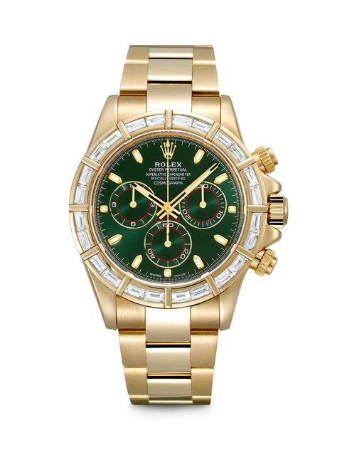 ROLEX. A RARE 18K GOLD AND BAGUETTE-CUT DIAMOND-SET AUTOMATIC CHRONOGRAPH WRISTWATCH WITH BRACELET AND GREEN DIAL, DAYTONA MODEL, REF. 116568BR, CASE NO. 019TL707, CIRCA 2019 | Christie's Rolex Green, Gold Daytona, Successful Family, Gold Rolex, Green Cases, Davao, Classy And Elegant, Rolex Oyster, Baguette Cut Diamond