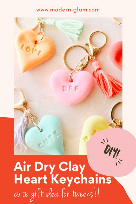 conversation heart keychains Air Dry Clay Valentines Day, Air Dry Clay Heart, Air Dry Clay Jewellery, Valentine Keychain, Unique Phrases, Heart Gift Tags, Galentines Gifts, Clay Heart, Diy Air Dry Clay