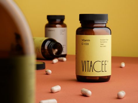 Vitacee on Behance Supplement Bottle Photography, Vitamin Logo Design, Supplement Bottle Design, Vitamins Product Photography, Medicine Product Photography, Supplement Photography Ideas, Product Photography Supplements, Supplements Product Photography, Suplements Photography