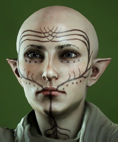 Elven Makeup, Dragon Age Elf, Dragon Age Oc, Face Markings, Facial Markings, Elf Face, Forest Elf, Facial Tattoos, Full Body Tattoo