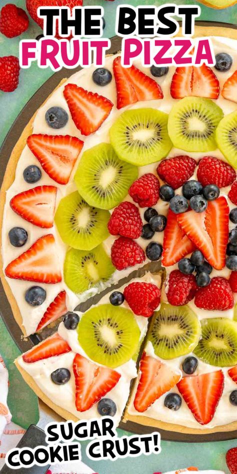 The best sugar cookie fruit pizza recipe with cream cheese topping! Fruit Pizza With Cream Cheese And Cool Whip, Fruit Pizza With Sugar Cookie Dough, Fruit Pizza Sugar Cookie Pillsbury, Fall Fruit Pizza, Cookie Pizza Fruit, Fruit Pizza Recipes, Fruit Cookie Pizza, Watermelon Breakfast, Cookie Fruit Pizza Recipe