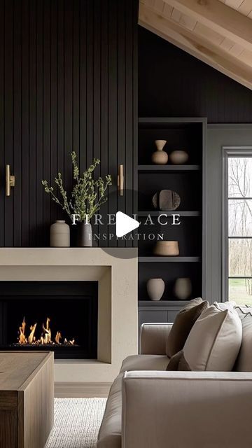 Black Fireplace Design, Becki Owens Fireplace, Transitional Living Room Black Fireplace, Modern Electric Fireplace Brick, Off Centre Fireplace Living Rooms, Modern Prairie Fireplace, Modern Tranditional Fireplace, Family Room Fireplace Ideas, Fireplace Ideas Modern Contemporary