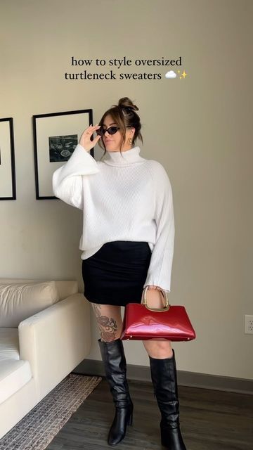 Boots Outfit Midsize, Oversized Turtleneck Sweater Outfits, Outfits Knee High Boots, Oversized Sweater Outfits, Outfit Ideas Oversized, Turtleneck Sweater Outfit, Outfit Midsize, Knee High Boots Outfit, Sweaters Outfit