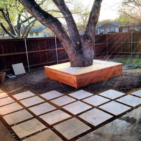 Bench Seat Around Tree, Patio Around Tree, Bench Under Tree, Bench Around Tree, Backyard Decking, Deck Around Trees, Bench Around Trees, Backyard Garage, Outside Seating Area