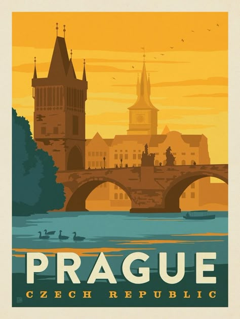 Anderson Design Group – World Travel – Czech Republic: Prague Sunset Prague Illustration, Prague Travel Poster, Prague Poster, Czech Republic Travel, Anderson Design Group, Czech Art, Vintage Poster Design, Retro Travel Poster, Art Deco Posters