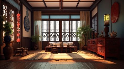 Interior Renderings A 3d Rendered Of Room In Traditional Chinese Style#pikbest#Backgrounds#Others Chinese Home Interior, Traditional Chinese House Interior, Chinese Interior Design Traditional, Traditional Chinese Interior Design, Chinese House Interior, Traditional Chinese Interior, Traditional Chinese Home, Traditional Chinese House, Dark Blue Rooms