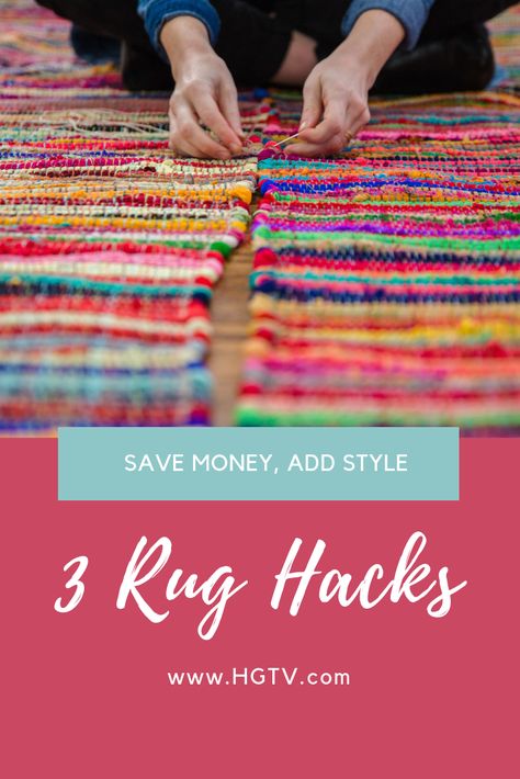 3 Rug Hacks: The DIY experts at HGTV.com show you how to transform inexpensive rugs into show-stopping masterpieces to save you money and make a major design statement. Floor Rugs Diy, Rug Hacks, Rug Makeover, Hippie Rug, Quick Easy Crochet, Inexpensive Rugs, Crochet Guide, Rag Rug Diy, Homemade Rugs