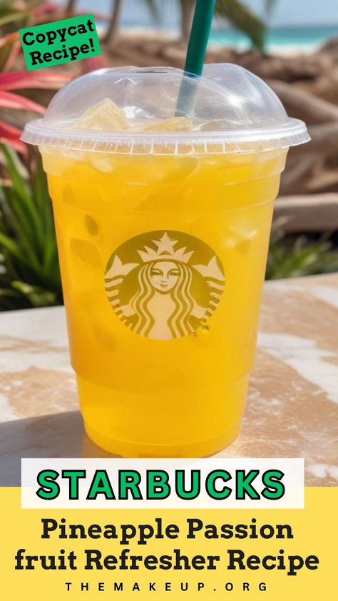 Homemade Starbucks Pineapple Passion Fruit Refresher Recipe - Easy Copycat Version! Starbucks Refreshers Pineapple, Diy Starbucks Pineapple Refresher, Pineapple Passion Fruit Starbucks, Refresher Recipes At Home, Pineapple Starbucks Drinks, Pineapple Refresher Starbucks, Pineapple Refresher Recipe, Starbucks Pineapple Passionfruit, Pineapple Passionfruit Refresher