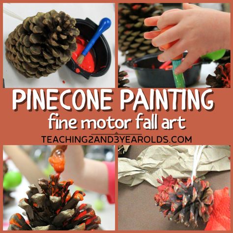 This pine cone activity is super simple to set up, and strengthens toddler fine motor skills by squeezing the paint. Pinecone Painting, Leaf Activities, Toddler Fine Motor, Classroom Tree, Fall Sensory, Open Ended Art, Fine Motor Activity, November Activities, Activity For Toddlers