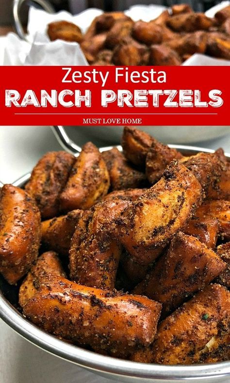 From game day to anytime snacking, Zesty Fiesta Ranch Pretzels are crazy good and so simple to make. This recipe definitely kicks up the flavor and gives boring old pretzels a brand new twist! Ranch Pretzels, Twist Recipes, Seasoned Pretzels, Healthy Superbowl Snacks, Toddler Snack, Sweet Potato Skins, Pretzels Recipe, Party Appetizers Easy, Superbowl Snacks