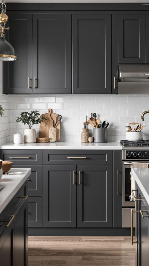 Kitchen Cabinet Color Ideas Cabinet Colors With Grey Walls, Kitchen Paint Colors With Stainless Steel Appliances, Black And Gray Kitchen Cabinets, Dark Gray Cabinets Kitchen, Charcoal Cabinets Kitchen, Small Dark Kitchen Ideas, Charcoal Kitchen Cabinets, Painted Cabinets Kitchen, Charcoal Gray Kitchen Cabinets