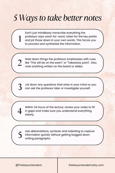 Want to ace your university exams and assignments? Master the art of note-taking during lectures. 📝👩‍🎓 Careful, strategic note-taking helps you: Sort out key info from filler Customize concepts in your own words Reinforce understanding through writing Remember and recall details easier later Study smarter, not harder from comprehensive notes With great note-taking skills, you’ll breeze through exam revision! 🤓What’s your top note-taking tip? Share with fellow students below! Note Taking University, How To Take Efficient Notes, How To Study Smarter Not Harder, Outline Notes, University Lectures, University Tips, Exam Revision, University Exam, Spaced Repetition