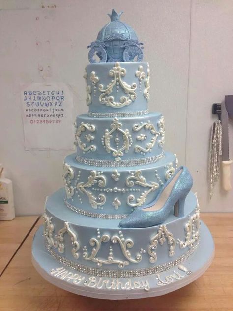 Blue and white Cinderella cake Quinceanera Cakes Blue Cinderella, Sweet 16 Cinderella Theme Cake, Cinderella Quinceanera Cake Ideas, Light Blue Quince Cake Ideas, Quince Blue Cake, Cinderella Themed Wedding Cake, Cinderella Themed Quinceanera Cake, Blue Quince Cake Ideas, Cinderella Sweet 16 Cake