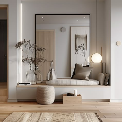 Console And Mirror Entryway, Korean Style Entryway, Front Entry Mirror Ideas, Modern Vestibule Ideas Entryway, House Entrance Furniture, Entry Way With Full Length Mirror, Double Entryway Ideas, Entryway Full Length Mirror And Bench, Small Mudroom Ideas Entryway Modern