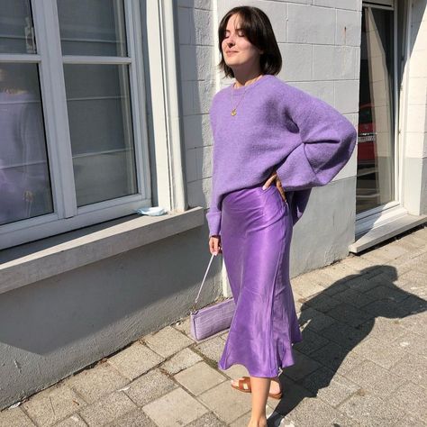 Formal wear
Womens outfit
Clothing 
Satin skirt
Sweater
Spring outfit Hermes Sandals Aesthetic, Satin Slip Dress Outfit Casual, Lavender Skirt Outfit, Slip Dress Outfit Fall, Purple Satin Skirt, Paris Inspired Outfits, Satin Slip Dress Outfit, Purple Skirt Outfit, Silk Skirt Outfit