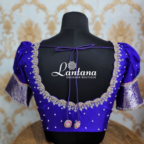 Blue embroidery blouse design Silver Colour Maggam Work Blouse, Silver Work Blouse Designs For Pattu Sarees, Blue Color Blouse Designs, Simple Pattu Blouse Designs, Blue Colour Blouse Designs, Magam Work, Blue Blouse Designs, Silk Saree Blouse Designs Patterns, Maggam Blouse