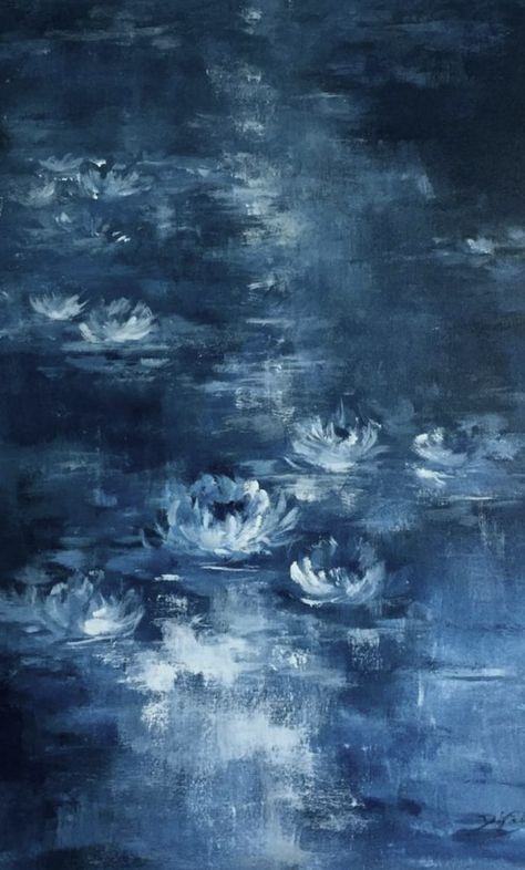 Ethereal Art Dark Blue, Blue Art Painting Abstract, Simple Background Painting Ideas, Painting On Blue Canvas, Blue Vintage Painting, Blue Impressionist Painting, Blue Water Painting, Blue Painting Background, Rainy Blue Aesthetic