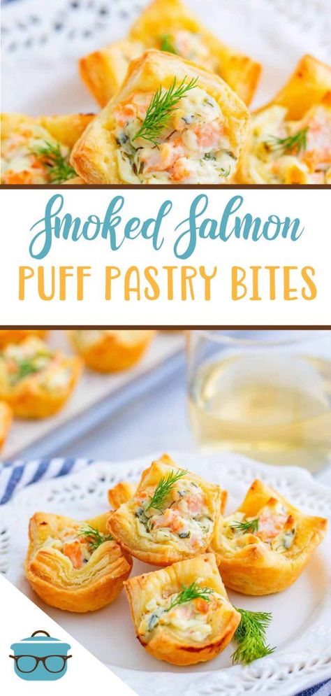 Salmon Puffs Recipe, Smoked Salmon Appetizer Bites, Smoked Salmon Puff Pastry Recipes, Easy Smoked Salmon Appetizer, Salmon Party Food, Smoked Salmon Apps, Salmon Puff Pastry Appetizers, Salmon Puffs Appetizers, Seafood Puff Pastry Recipes