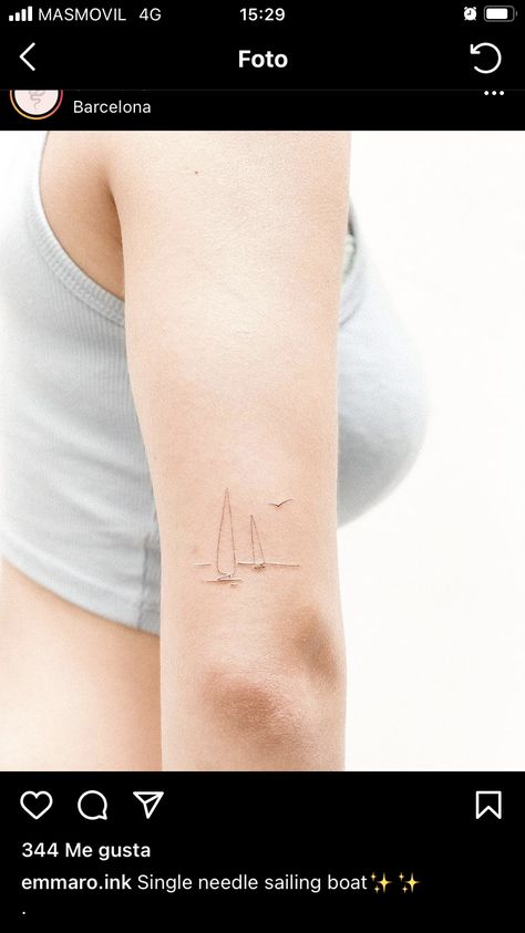 Sailboat And Waves Tattoo, Nautical Tattoo Minimalist, Small Boat Tattoo For Women, Sailboat Tattoo Minimalist, Fineline Sailboat Tattoo, One Line Sailboat Tattoo, Small Sailing Boat Tattoo, Small Sailboat Tattoo Simple, Minimalist Ship Tattoo