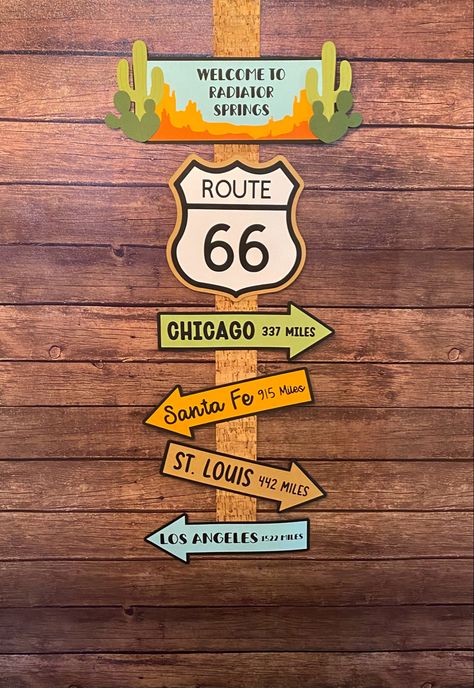 Radiator Springs Sign, Cars Classroom Theme, Route 66 Birthday Party Ideas, Route 66 Party, Car Bingo, Pixar Cars Birthday, Homecoming Decorations, Spring Party Decorations, Birthday Door