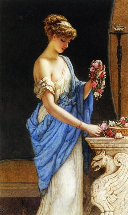 James Sant - A Girl in Classical Dress Arranging a Garland of Flowers, 1874 Ancient Greece Aesthetic, Greece Women, Garland Of Flowers, John William Godward, Classical Dress, Greek Paintings, Greek Women, Istoria Artei, Famous Paintings