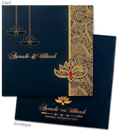 Card Front Blue And Gold Wedding, Hindu Wedding Invitation Cards, Simple Wedding Cards, Wedding Card Design Indian, Marriage Invitation, Marriage Invitation Card, Muslim Wedding Cards, Hindu Wedding Invitations, Unique Wedding Cards