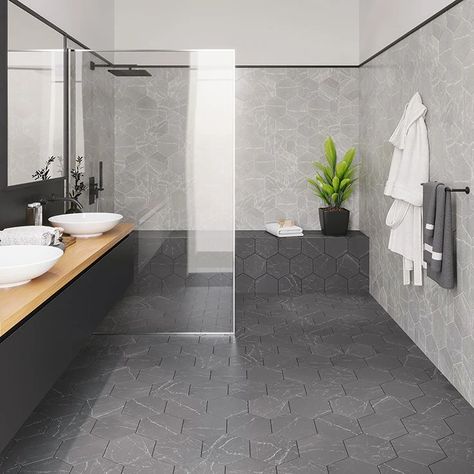 Home Design Trends: How to Create an Open Concept Bathroom Black Tile Bathroom Floor, Open Concept Bathroom, Hexagon Tile Bathroom, Masculine Interior Design, Porcelain Hexagon Tile, Black Tile Bathrooms, Fireplace Facing, Honeycomb Tile, Hexagon Tile Floor