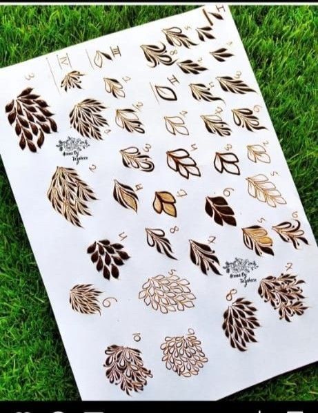 Leaves styles in henna idea on paper (henna leaves template) Gulf Leaves Henna Design, Henna Designs New, Best Henna Designs, Henna Classes, Mehndi Practice, Mehndi Book, Mehndi Classes, Learn Henna, Feet Henna