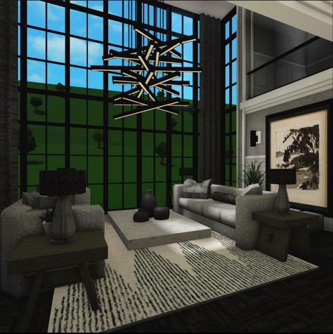 Morden Bloxburg Living Room, Boo Burg Modern House, Blocksburg Houses Ideas Modern, Modern Loft Bloxburg, Black Modern House Bloxburg, Bloxburg Living Room Ideas Modern Big, Bloxburg Glass House, 2 Story Living Room Bloxburg, Bloxburg Kitchen Ideas Modern Big