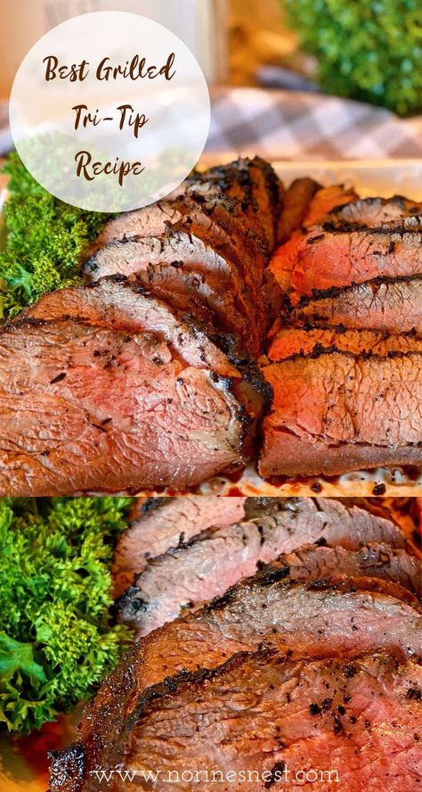 Top photo: Sliced Tri-Tip laid out on a platter with parsley garnish. Botton Photo: Close-up of Sliced Grilled Tri-Tip. Bbq Tri Tip Recipes Grilled, Best Tri Tip Recipe, Best Tri Tip Marinade, Bbq Tri Tip, Tri Tip Steak Recipes, Smoked Beef Brisket Recipes, Cooking Tri Tip, Beef Short Rib Recipes, Beef Steak Recipes