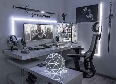 Gaming Setup Aesthetic, White Desk Setup, Gamer Room Design, Games Room Inspiration, Small Game Rooms, Cool Room Designs, Home Studio Setup, Bedroom Setup, Seni Dan Kraf