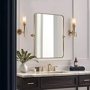 ANDY STAR 22"x34" Brushed Gold Pivot Mirror for Bathroom, Brass Metal Frame Bathroom Mirrors for Wall，Rectangle Titling Vanity Wall Mirror with Rounded Corner Design Hangs Vertically Only Pivot Wall Mirror, Bathroom Mirrors Ideas, Corner Bathroom Mirror, Gold Bathroom Mirror, Pivot Bathroom Mirror, Rectangle Bathroom Mirror, Gold Bathroom Fixtures, Pivot Mirror, Bathroom Mirror Ideas