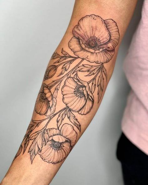 Poppy tattoo Poppy Bunch Tattoo, Poppy Tattoo Design Drawings, Poppy Ankle Tattoo, Poppy Seed Tattoo, Poppy Flower Aesthetic, Poppy Tattoo Sleeve, Black Poppy Tattoo, Red Poppy Tattoo, Seed Tattoo