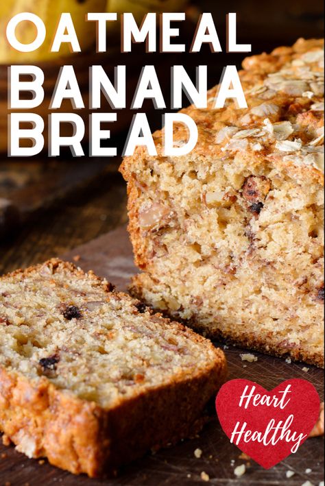 Tender loaf of banana bread with a slice to the side. Warm and comforting photo. Oatmeal Banana Bread No Flour, Oat Bran Banana Bread, Gluten Free Oatmeal Banana Bread, Banana Oat Loaf, Low Cholesterol Banana Bread, High Fiber Banana Bread, Banana Bread Recipe Oats, Clean Eating Banana Bread, Banana Bread Recipe Without Flour