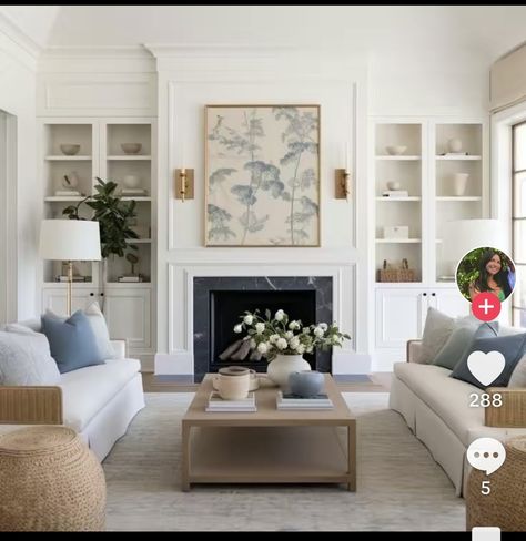 Beige House Interior Design, Nancy Myers Style Living Room, Two Different Sofas In Living Room, Living Room Designs With Color, Living Room 2 Couches, White Built Ins Around Fireplace, Transitional Coastal Living Room, Built In By Fireplace, Angled Living Room Layout