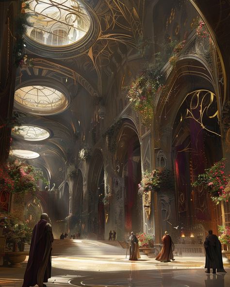 Change it up! What would this look like with cool light or everyone walking around in suits?⁠ ⁠ ⁠ concept art of the interior space in an alien world, ornate architecture with plants and flowers growing on it, people walking around wearing robes, high ceiling, large arched doorways, warm lighting, cinematic --ar 4:5 --v 6.0⁠ ⁠ ⁠ ⁠ #art #landscape #conceptart #futuristic #scifi #fantasy #midjourneyart #aiart #aiartork #digitalart #gameart #scifiartwork #sciencefictionart #utopia #rpg #ttrpg #s... Ornate Architecture, Fantasy Interior, Arched Doorways, Scifi Artwork, Flowers Growing, Warm Lighting, People Walking, Alien Worlds, Science Fiction Art