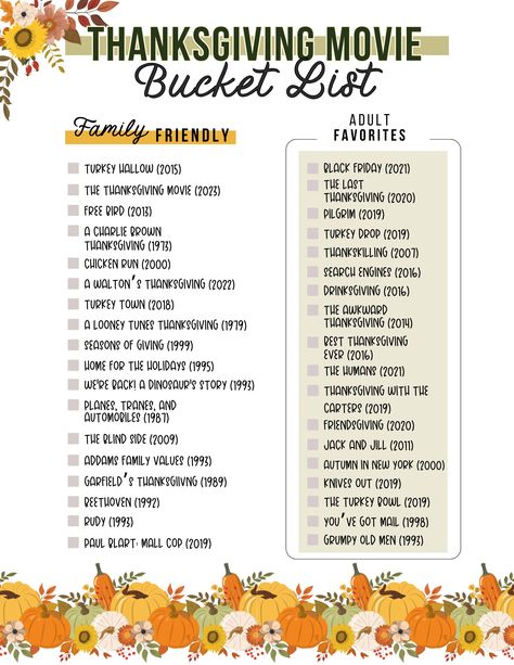 Thanksgiving Party Ideas: Thanksgiving Movies Bucket List » Sunny Sweet Days Thanksgiving Movie List, Thanksgiving Movies List, Thanksgiving Movie Night, Thanksgiving Thankful Ideas, Thanksgiving To Do List, Movies Bucket List, Thanksgiving Bucket List, Thanksgiving Movies For Kids, Thanksgiving Shopping List