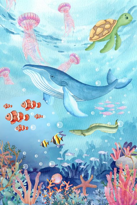 Underwater Poster Design, Ocean Underwater Painting, Under The Sea Watercolor, Under The Sea Background, Underwater Drawing, Disney Art Style, Underwater Background, Sea Drawing, Dreamy Beach